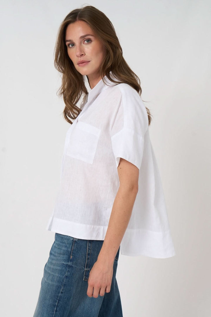 Embroidered bat-print linen blouse