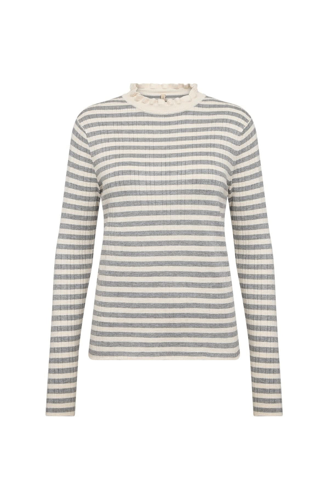 Chandail à rayures fines avec col festonné, confectionné en maille légère pour un look élégant et féminin.