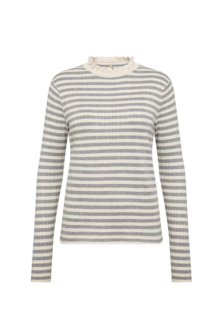 Chandail à rayures fines avec col festonné, confectionné en maille légère pour un look élégant et féminin.
