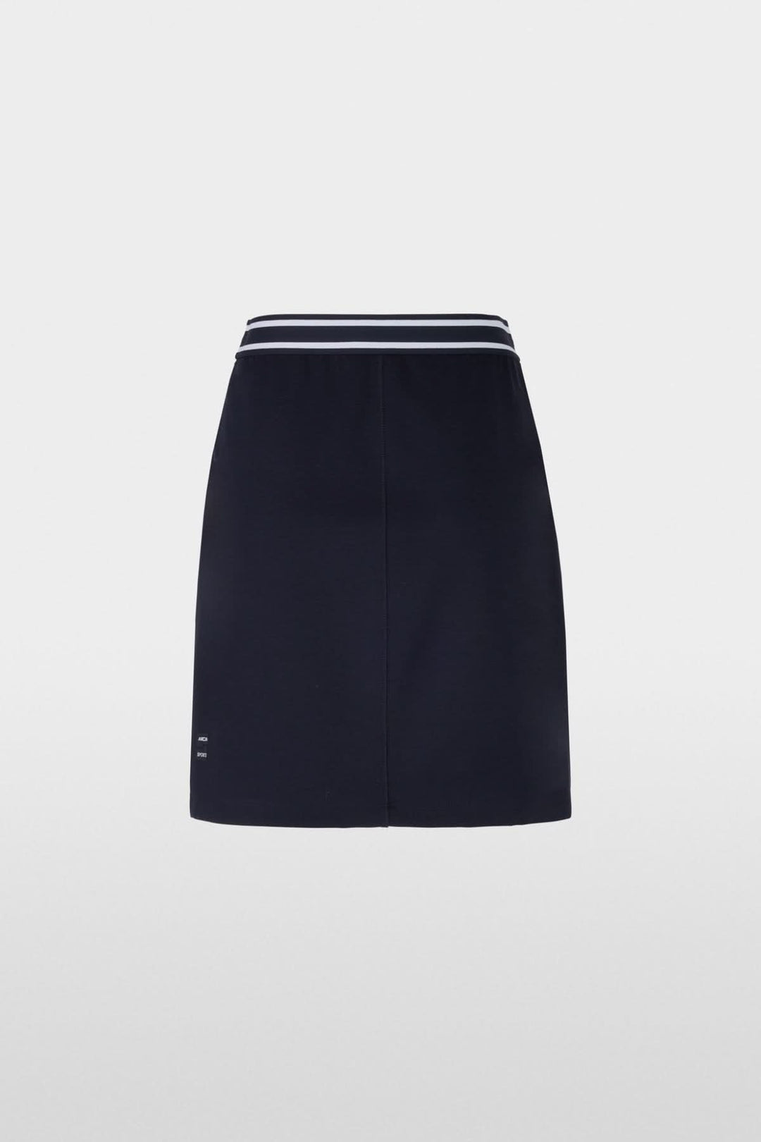 Jupe en maille bleu marine avec taille élastique à rayures blanches, parfaite pour un look graphique et soigné.