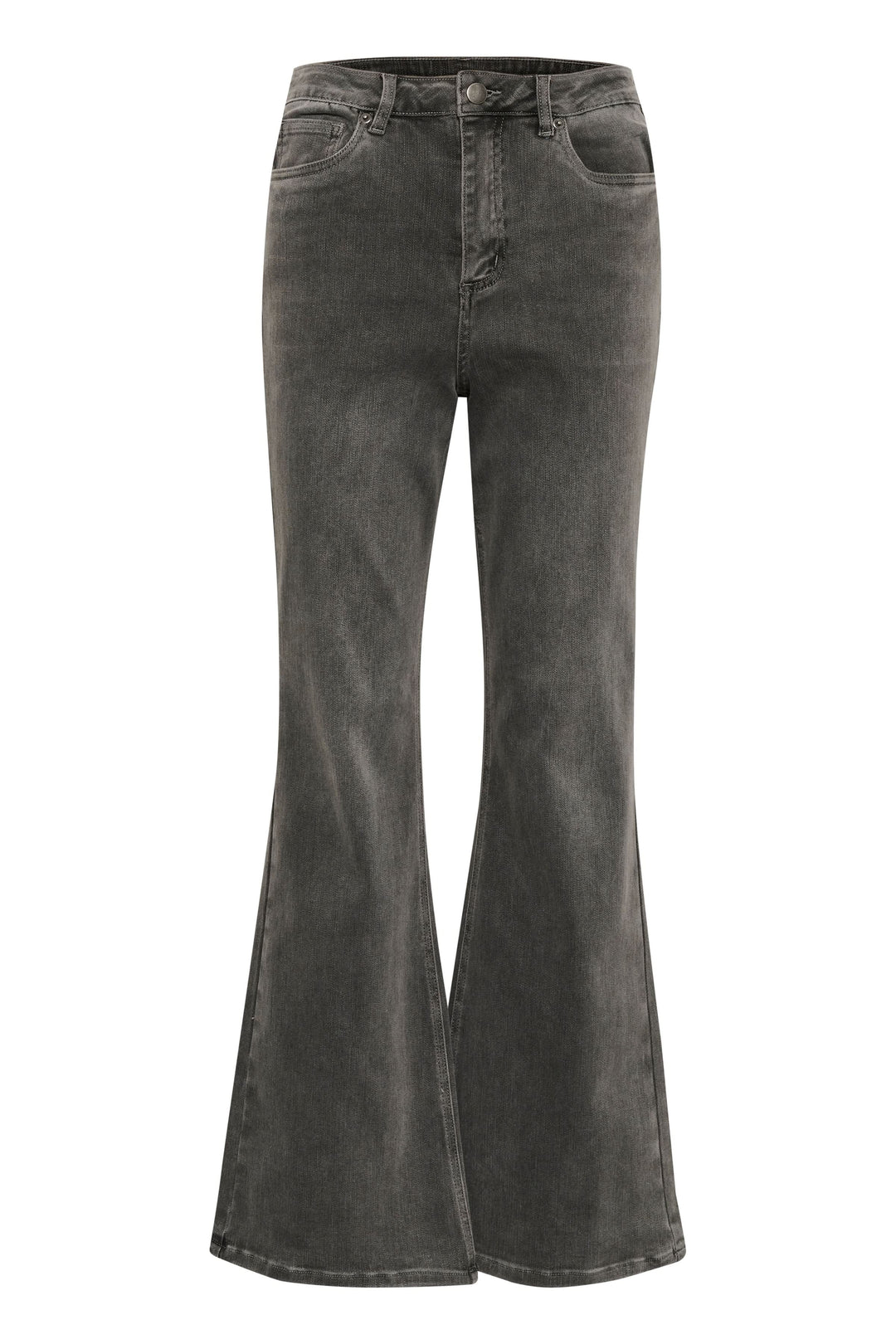 Jean évasé délavé, taille haute, cinq poches, style rétro revisité, parfait pour un look décontracté.