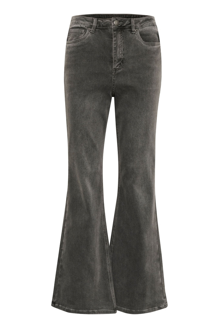 Jean évasé délavé, taille haute, cinq poches, style rétro revisité, parfait pour un look décontracté.
