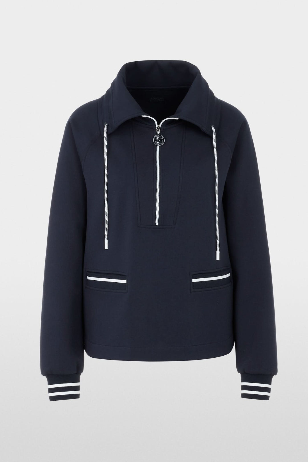 Chandail zippé ample en coton mélangé, avec col cordon, poches plaquées et bordures à rayures, couleur navy.