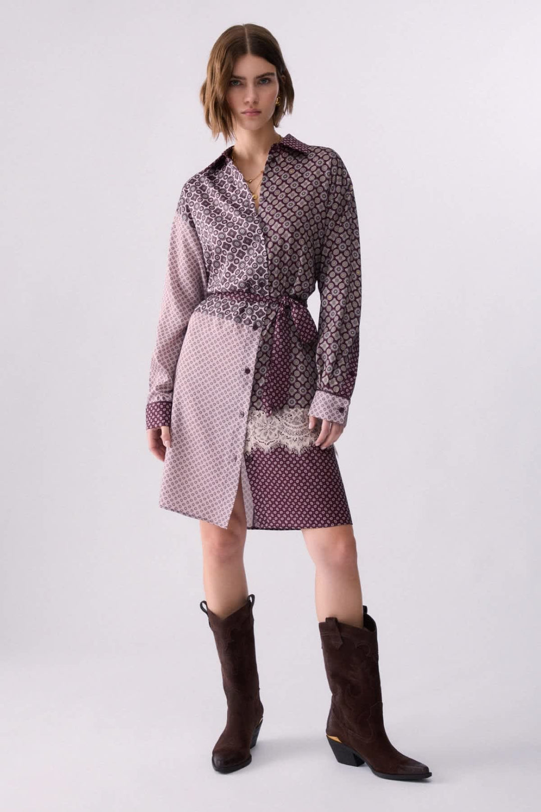 Robe chemise courte imprimée avec ceinture pour femme liujo