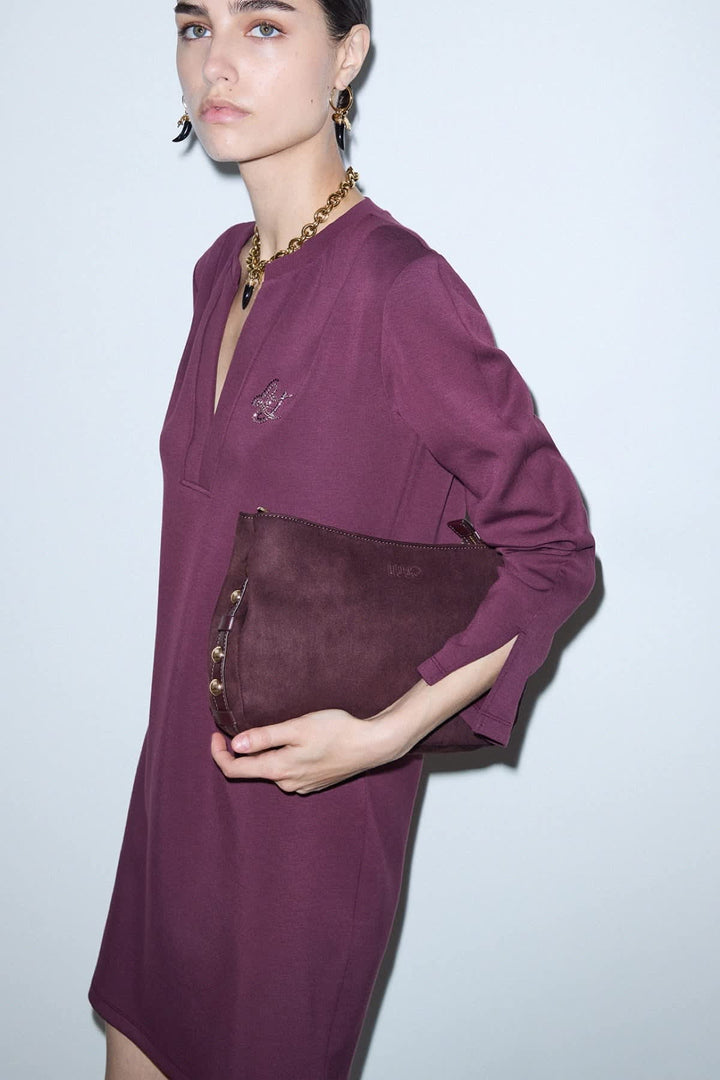 Robe courte à encolure en V et manches longues vue de face pour femme liujo