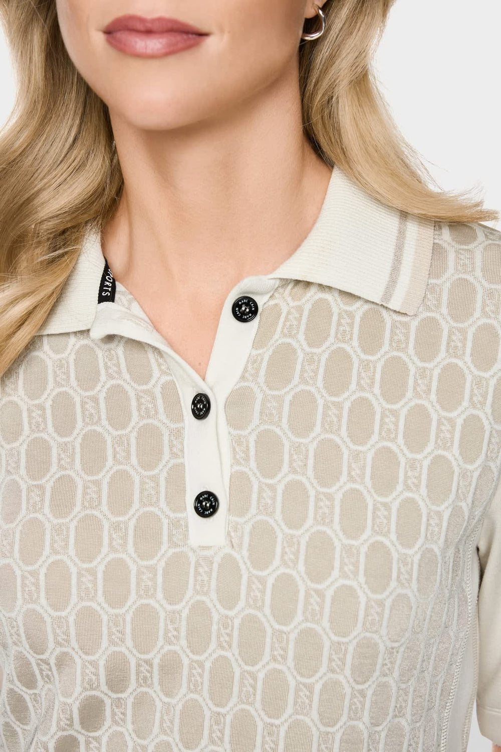 Front view of a white textured Marc Cain women's polo dress - Valérie Simon