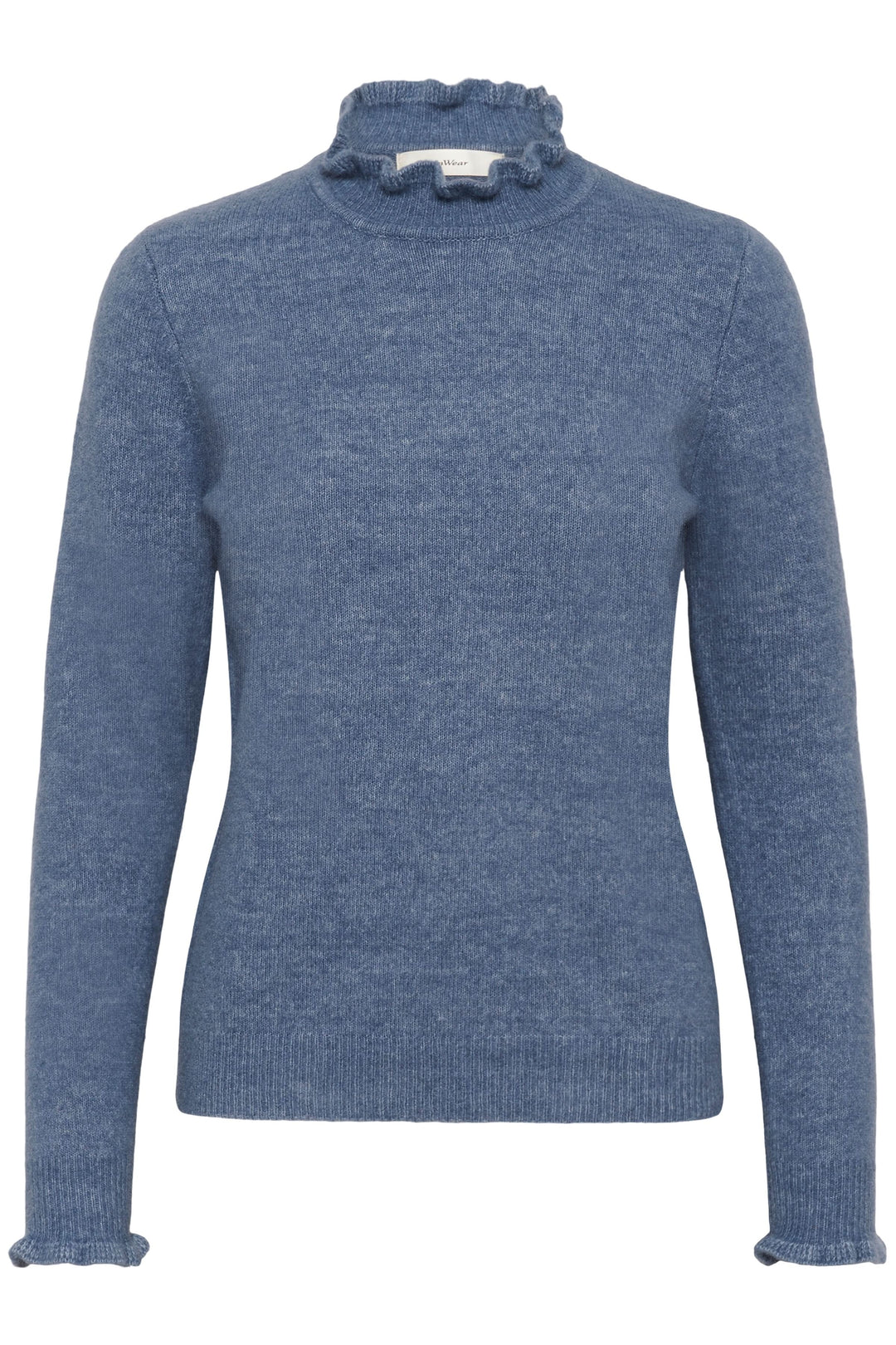Tricot Guni bleu à col montant froncé, doux et élégant, idéal pour un look chic décontracté.