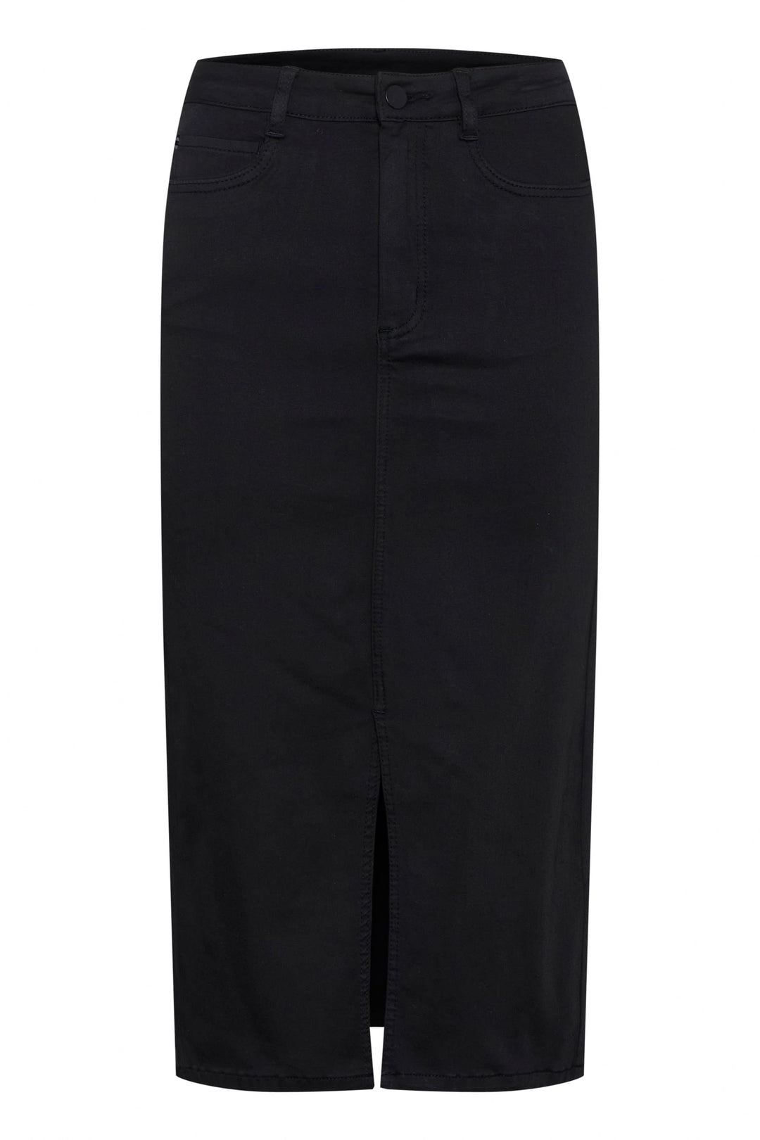 Jupe longue Dima en denim noir, coupe droite avec fente avant pour une silhouette moderne et féminine.