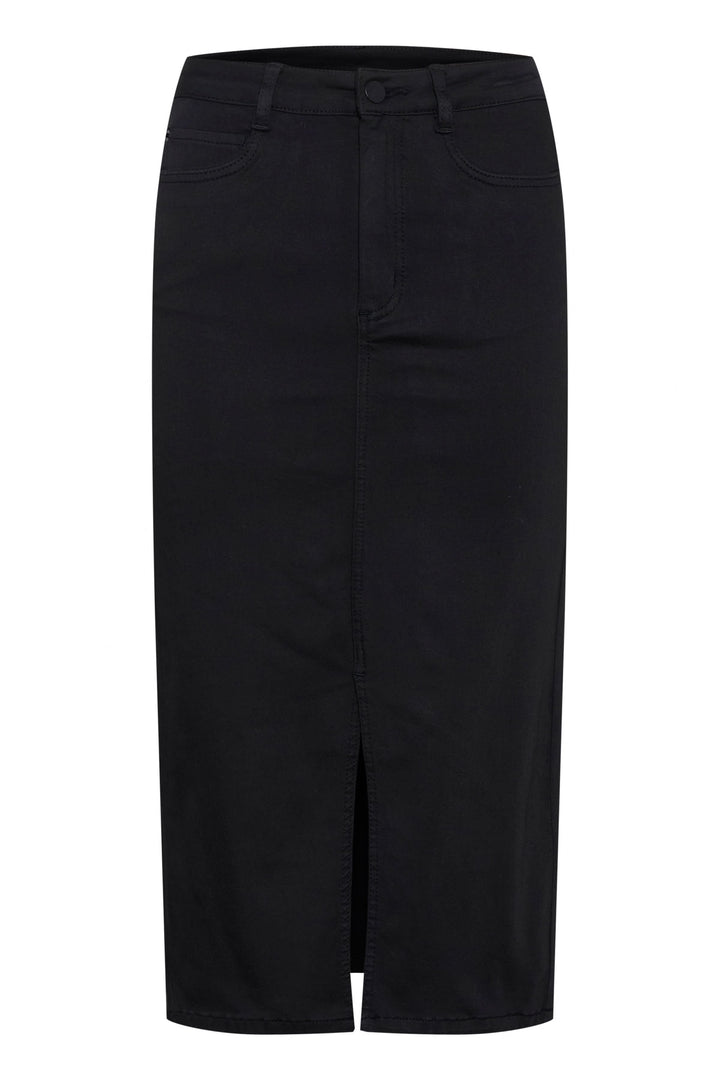 Jupe longue Dima en denim noir, coupe droite avec fente avant pour une silhouette moderne et féminine.
