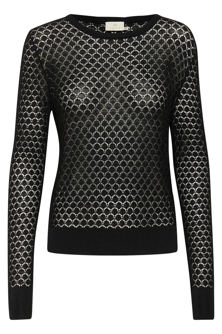 Chandail Raiko en maille ajourée noir avec motif géométrique, parfait pour une tenue raffinée et superposition.