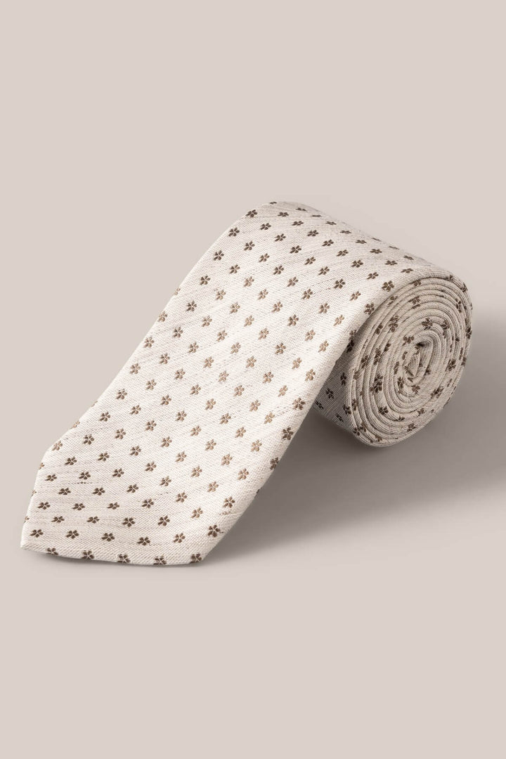 Beige floral pattern linen and silk tie