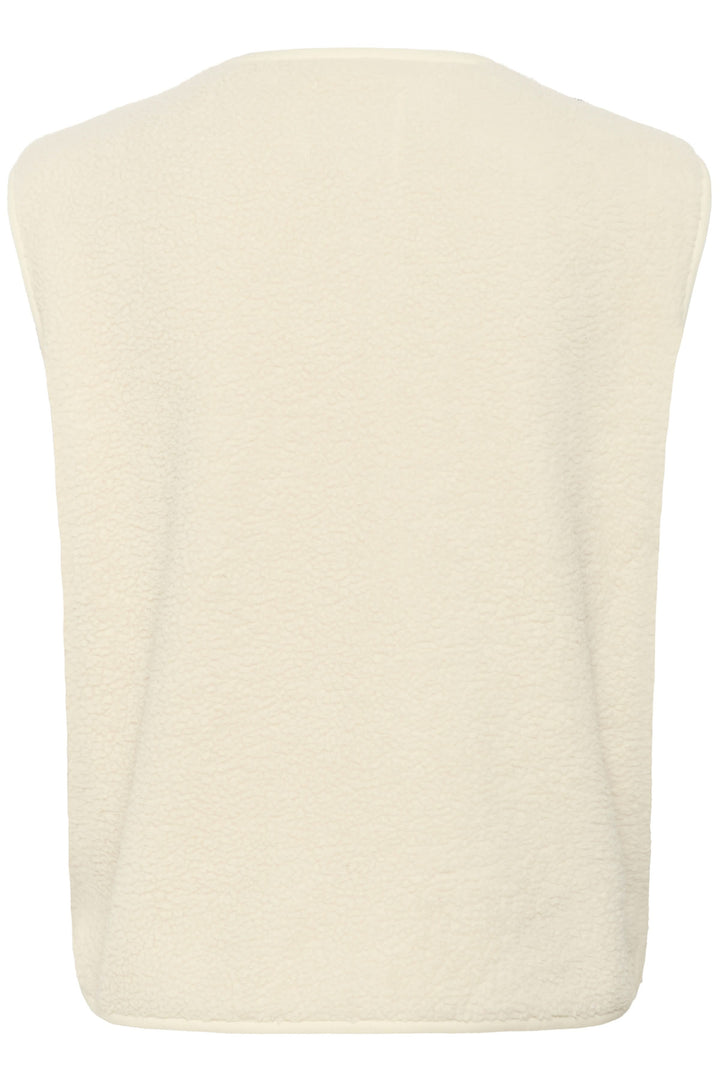 Veste sans manches beige en tissu sherpa, vue arrière, style décontracté et confortable, parfaite pour la superposition.