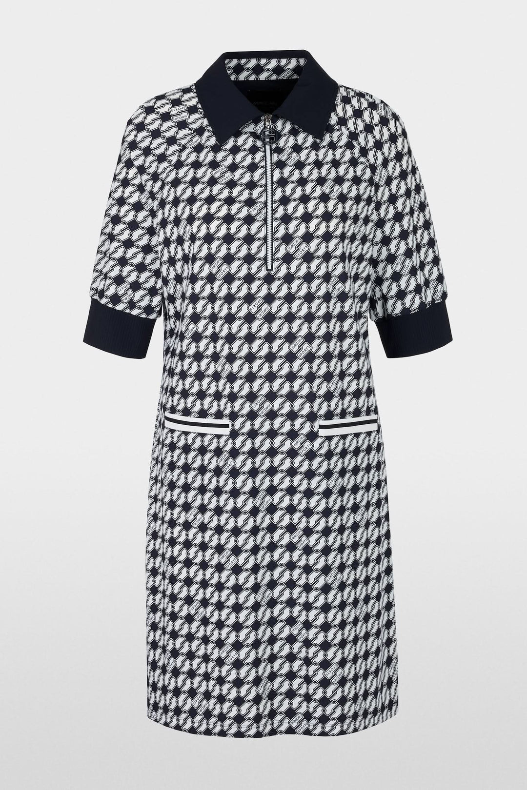 Robe courte en jersey scuba, imprimé géométrique, col classique, poches plaquées et fermeture éclair.