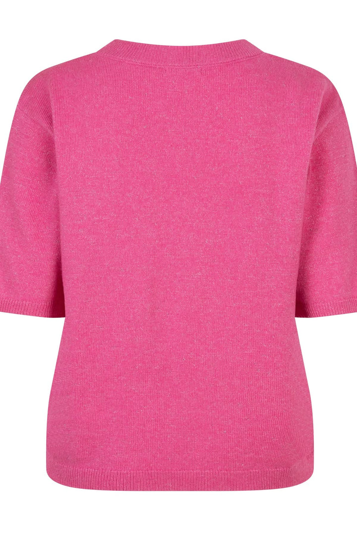 Chandail à manches courtes en tricot scintillant, couleur rose, vue arrière, style minimaliste.