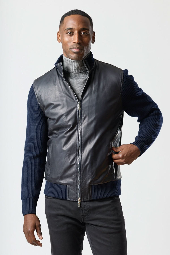 Hybrid leather and knit zip-up jacket