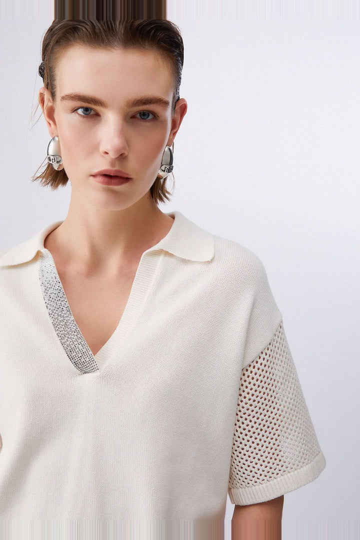 Knitted sweater with polo collar and rhinestones