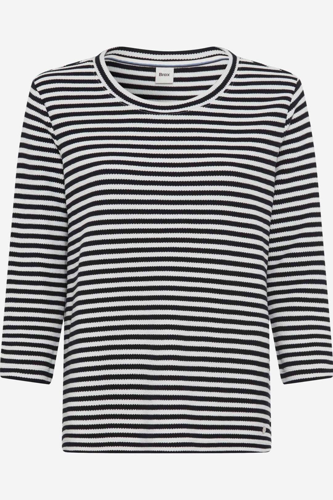 Chandail rayé Bonnie en pur coton noir et blanc, coupe droite et manches trois quarts, style décontracté et élégant.
