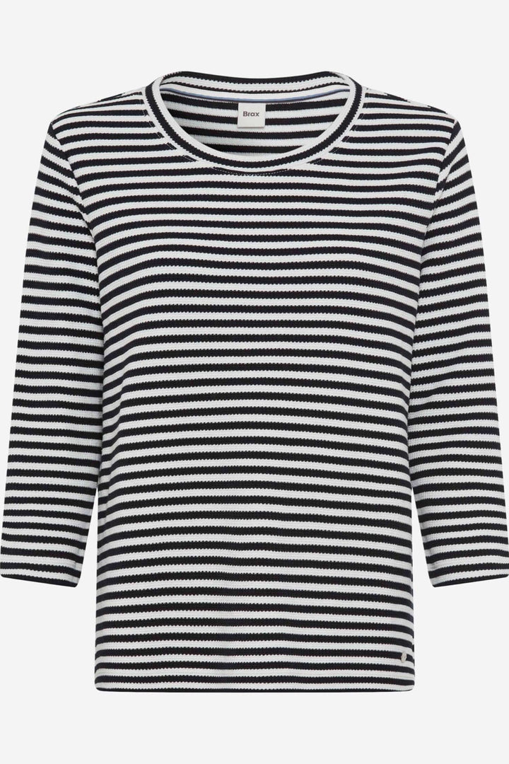 Chandail rayé Bonnie en pur coton noir et blanc, coupe droite et manches trois quarts, style décontracté et élégant.