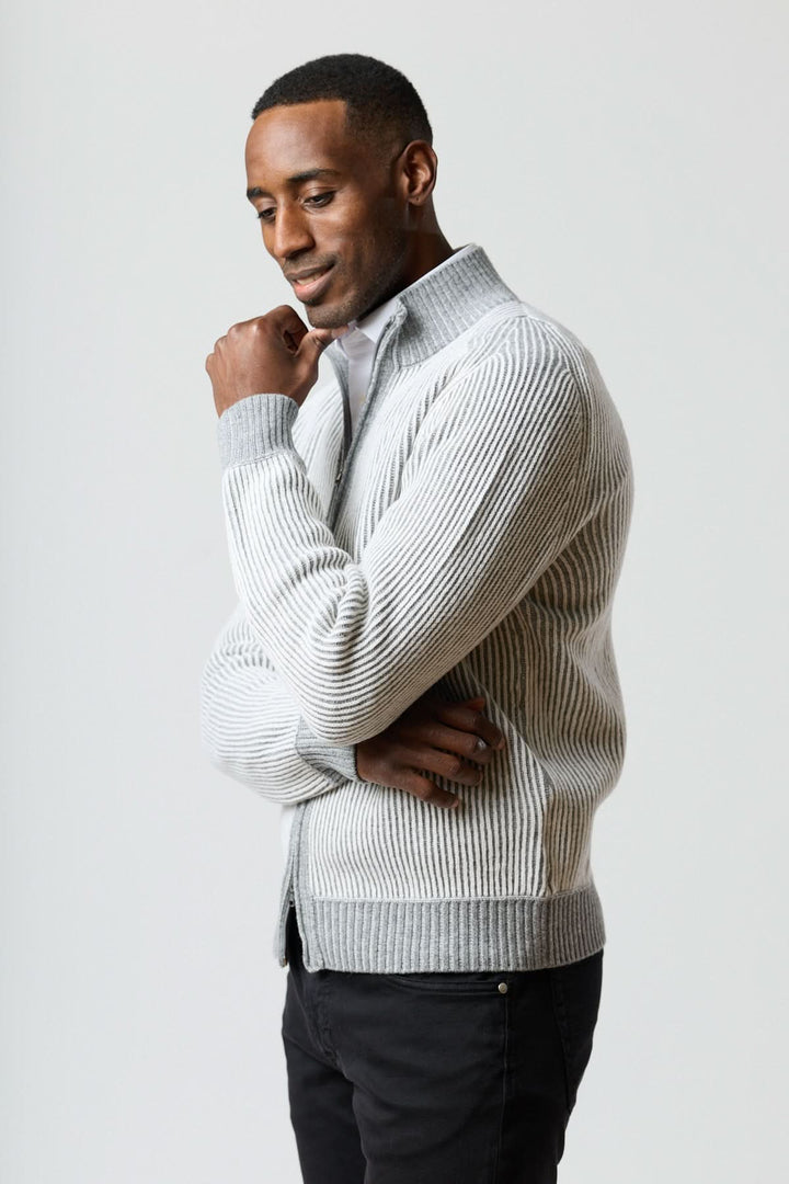 High-neck zippered sweater in ribbed knit