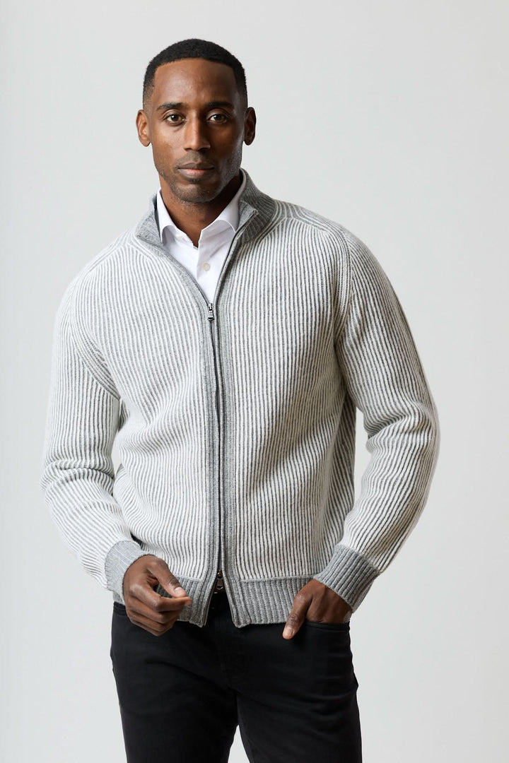 High-neck zippered sweater in ribbed knit