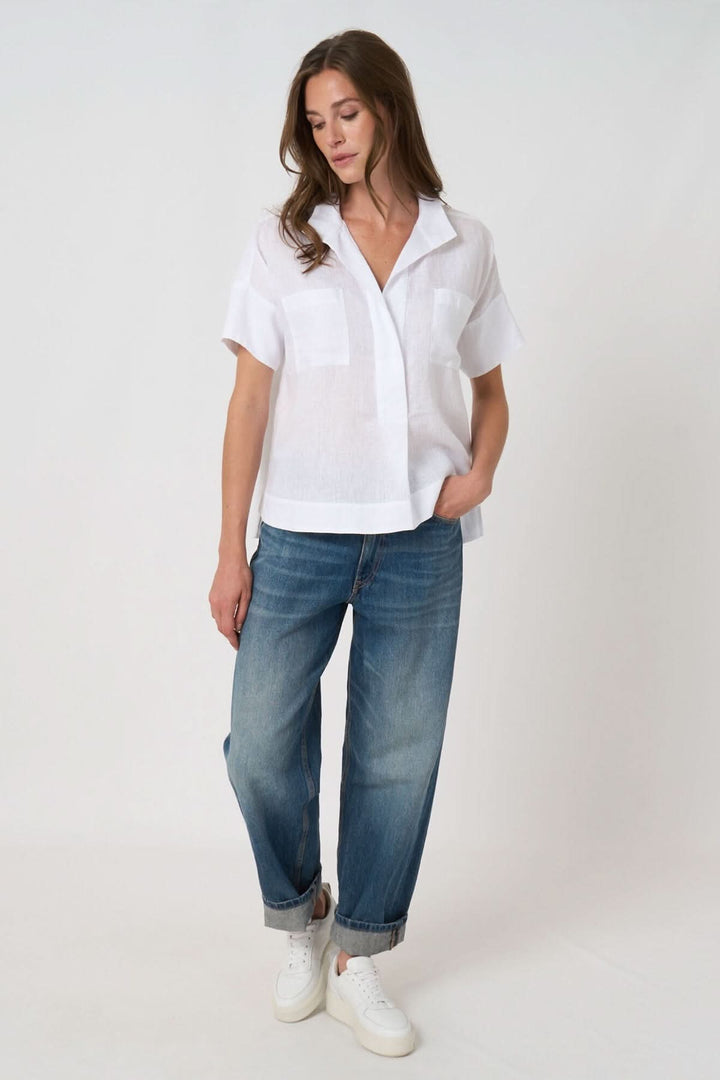 Embroidered bat-print linen blouse