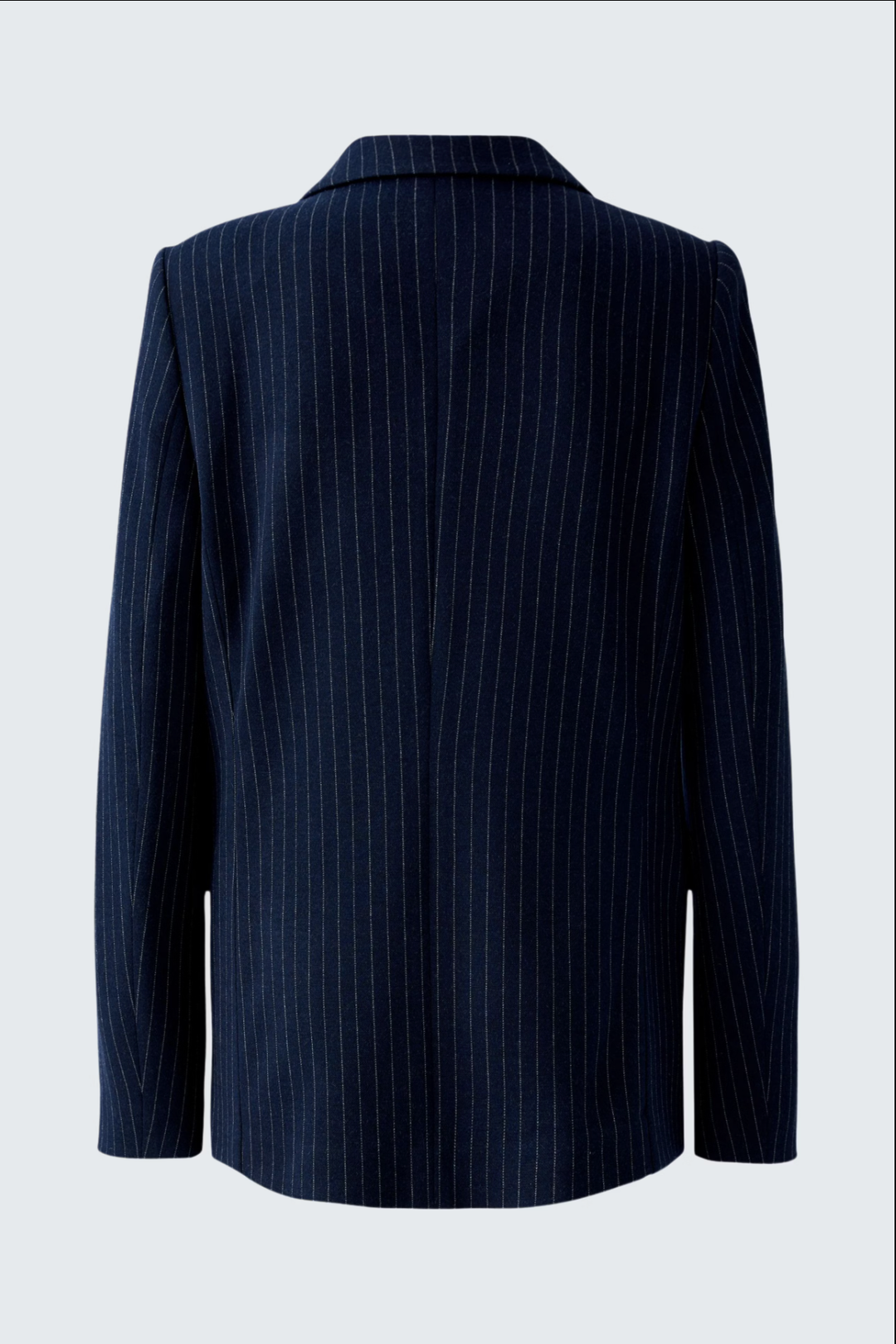 Veston fines rayures en jersey doux avec double boutonnage, vue arrière, élégance moderne.