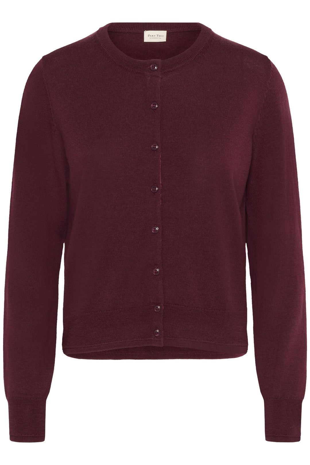 Cardigan Noelani bordeaux à encolure ronde, tricoté dans une laine douce, fermeture à boutons.