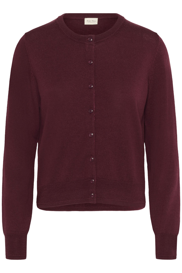 Cardigan Noelani bordeaux à encolure ronde, tricoté dans une laine douce, fermeture à boutons.
