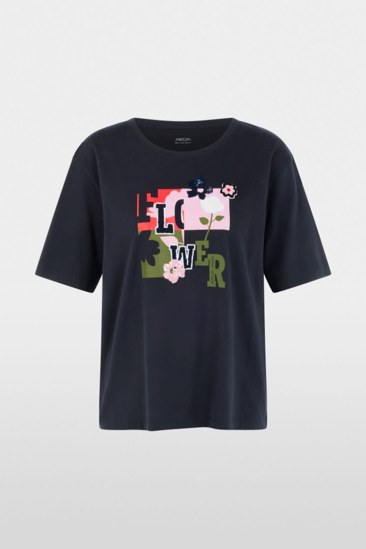 T-shirt à imprimé floral et détails en paillettes vue de face pour femme Marc Cain