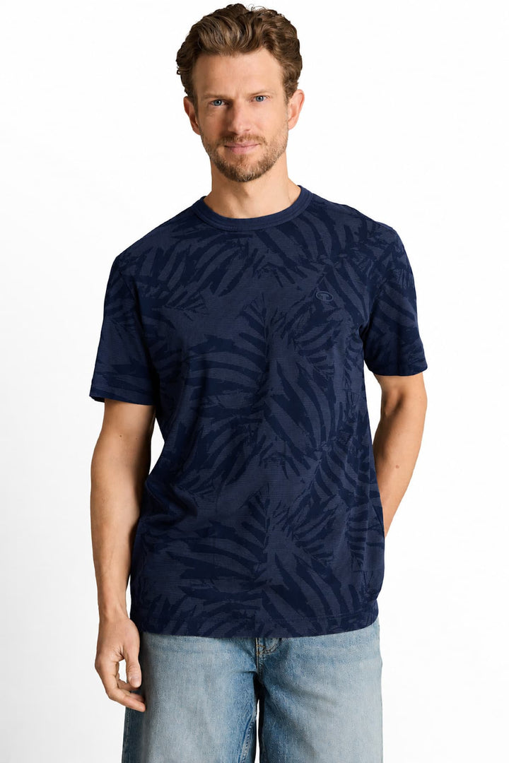 Vue de face T-shirt tropical Tom Tailor pour homme en vert à motifs ton sur ton - Valérie Simon
