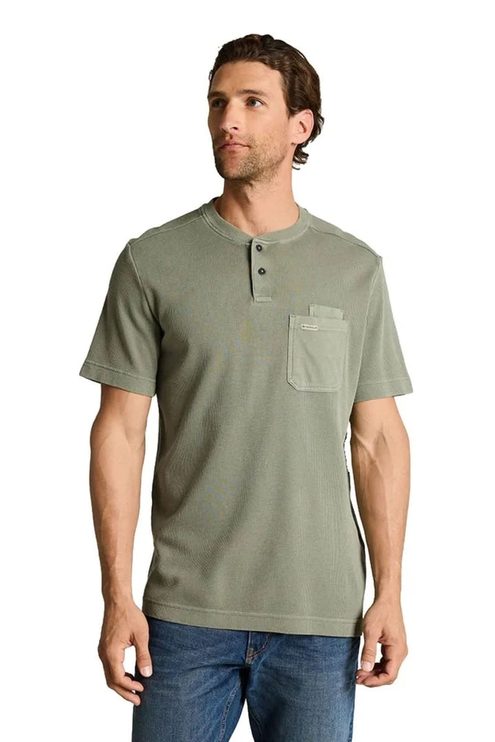 Vue de face t-shirt gaufré à col henley Tom Tailor pour homme gris avec détails boutons - Valérie Simon
