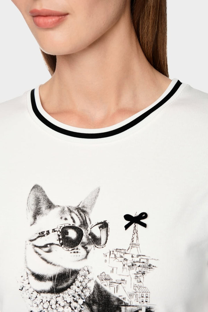 T-shirt imprimé chat avec détails bijoux vue de face pour femme Marc Cain