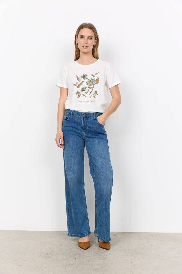 Vue de face T-shirt imprimé floral Soya Concept pour femme bleu et rouge - Valérie Simon