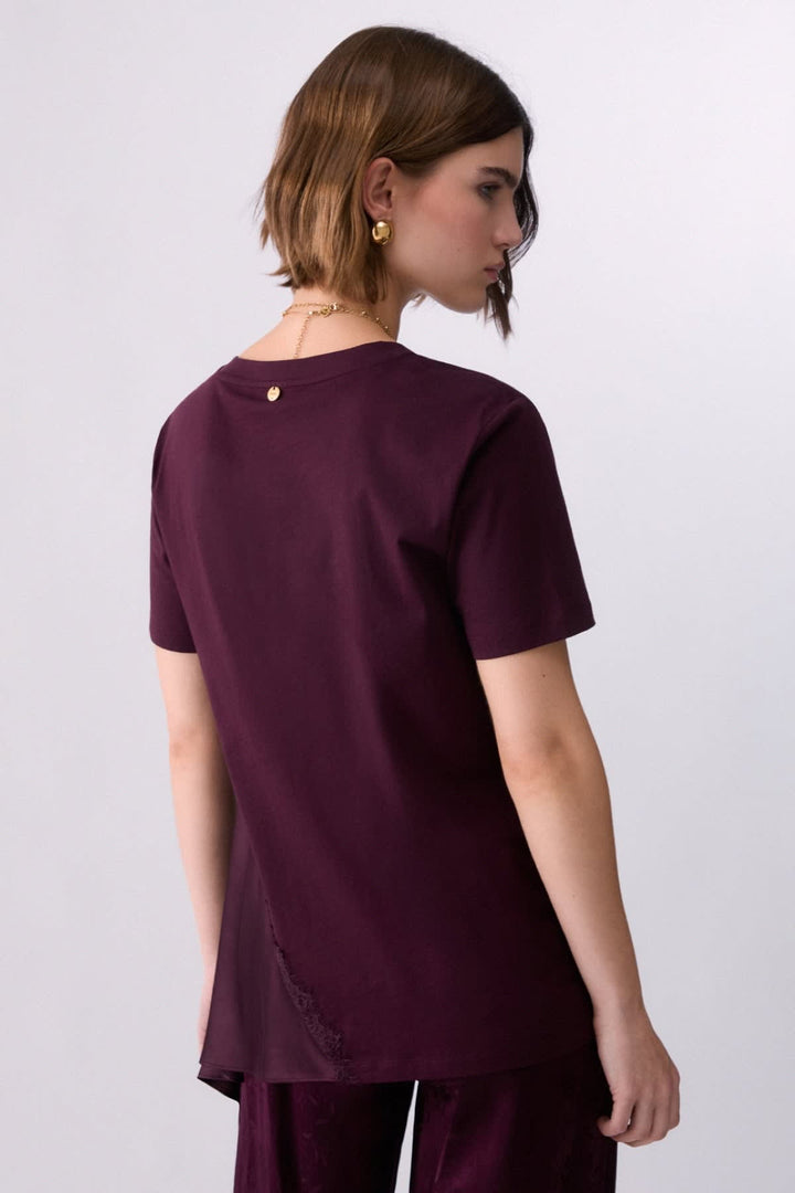 Long t-shirt with satin insert front view for women liujo