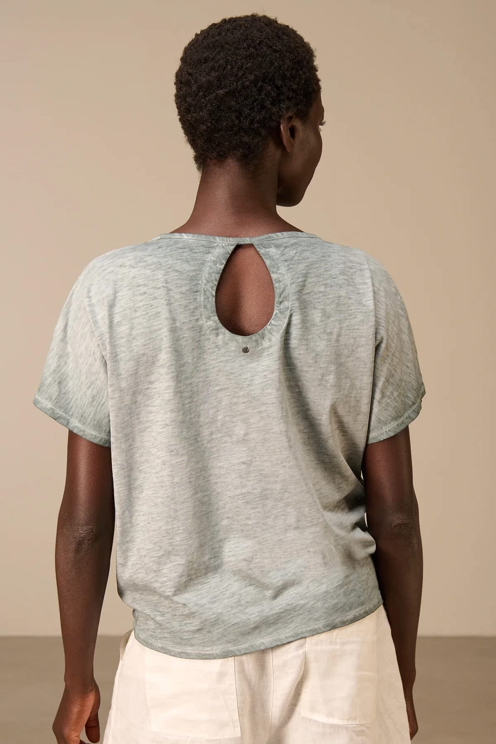 Front view of the Nile blue women's short-sleeved tied-front T-shirt - Valérie Simon
