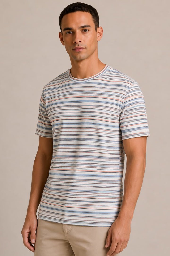 Vue de face t-shirt rayé manche courte Tom Tailor pour homme bleu et blanc - Valérie Simon