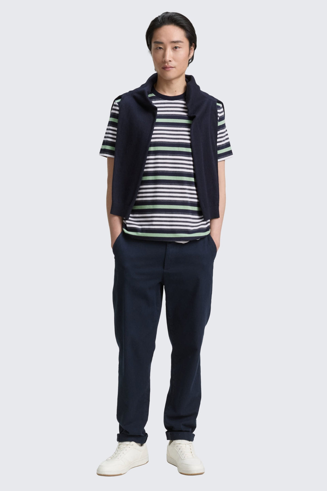 Front view of the modern blue and white striped Tom Tailor men&