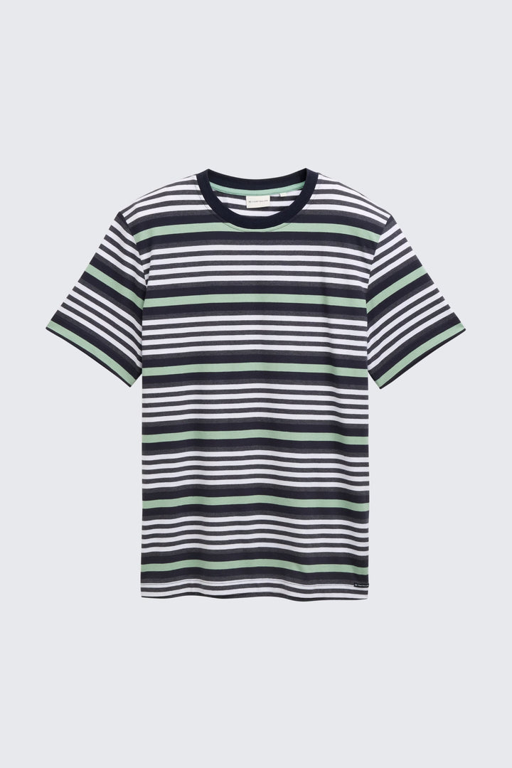 Front view of a modern blue and white striped Tom Tailor men&