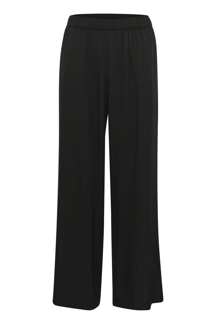 Pantalon Tessa noir fluide à jambe large, taille élastique pour un confort optimal, style décontracté.