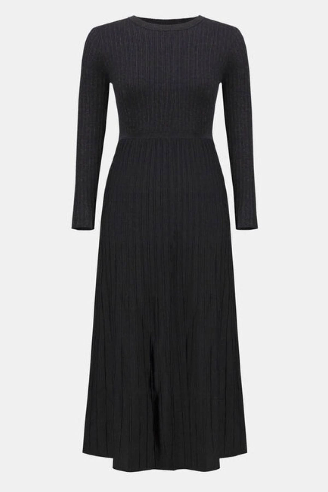 Robe élégante en tricot noire, manches longues, coupe midi, maille côtelée, style fluide et chic pour l'automne/hiver.