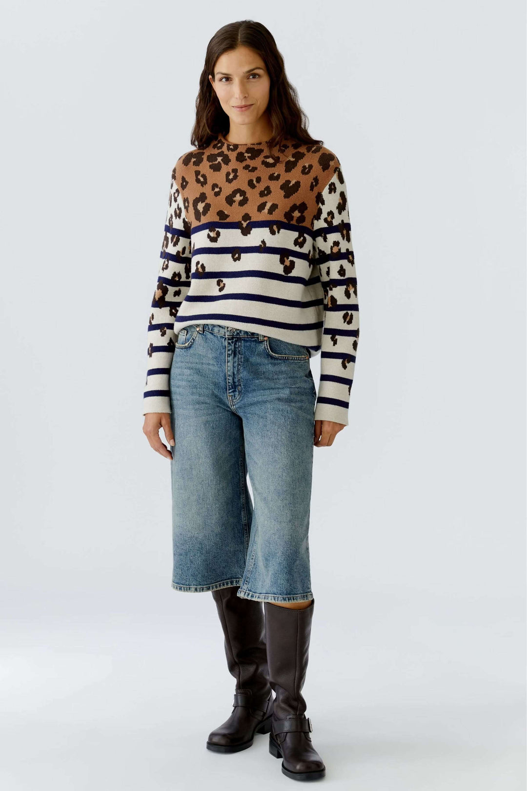 Sweater with mixed stripes and animal print pattern