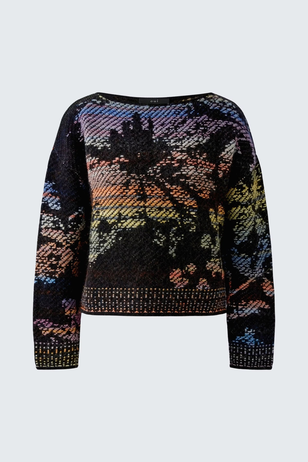 Vue de face tricot à motif abstrait multicolore Oui pour femme, détails floraux sur manches - Valérie Simon