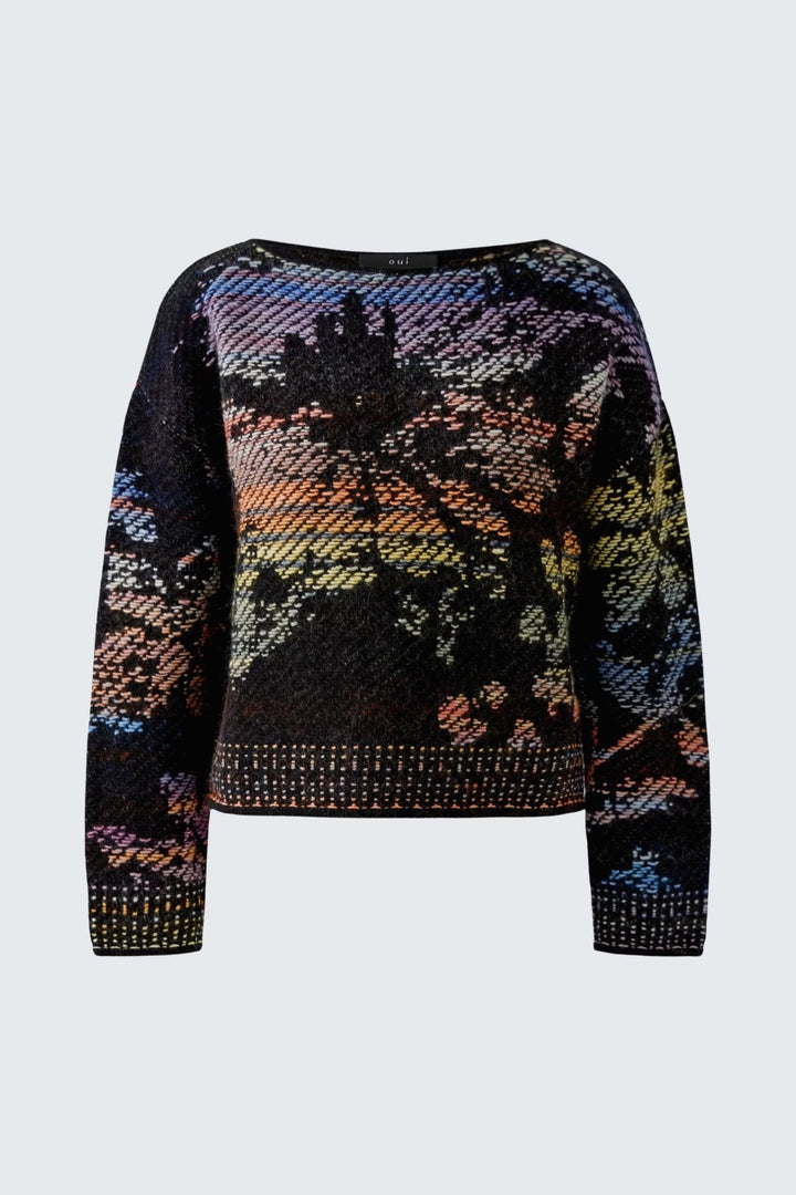 Vue de face tricot à motif abstrait multicolore Oui pour femme, détails floraux sur manches - Valérie Simon