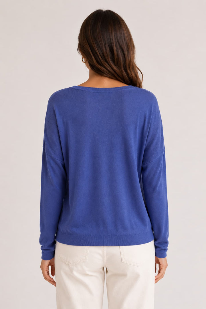 Front view of the Gabina lightweight gray V-neck knit with dropped shoulders Not Shy for women - Valérie Simon