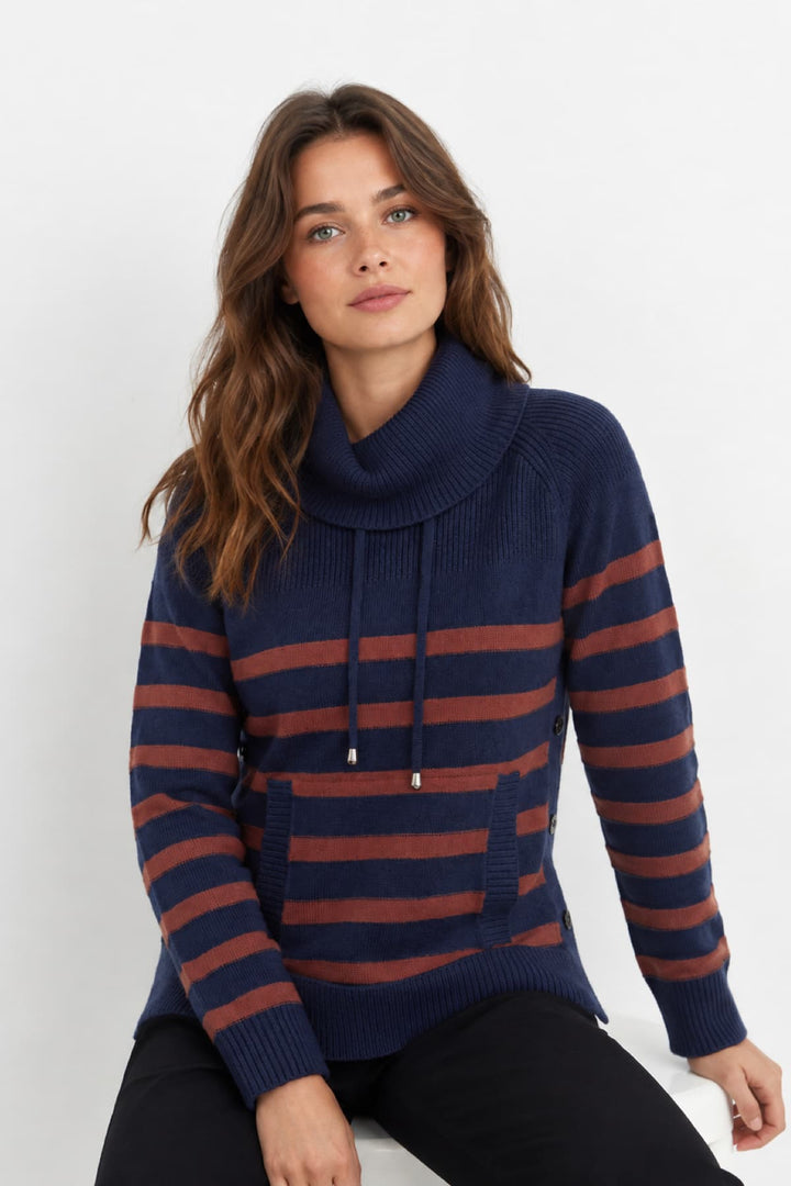 Tricot rayé à col roulé avec poche kangourou vue de face pour femme Coco y Club