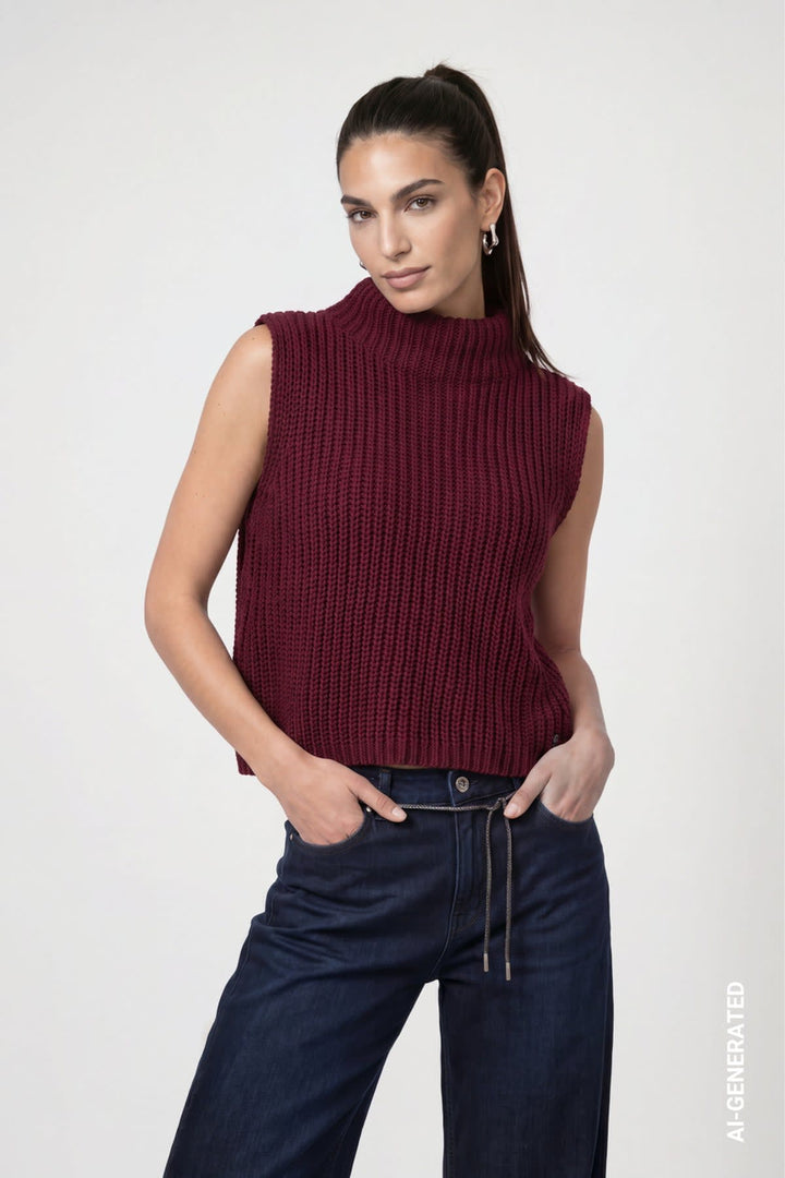 Tricot sans manches col montant vue de face pour femme Monari