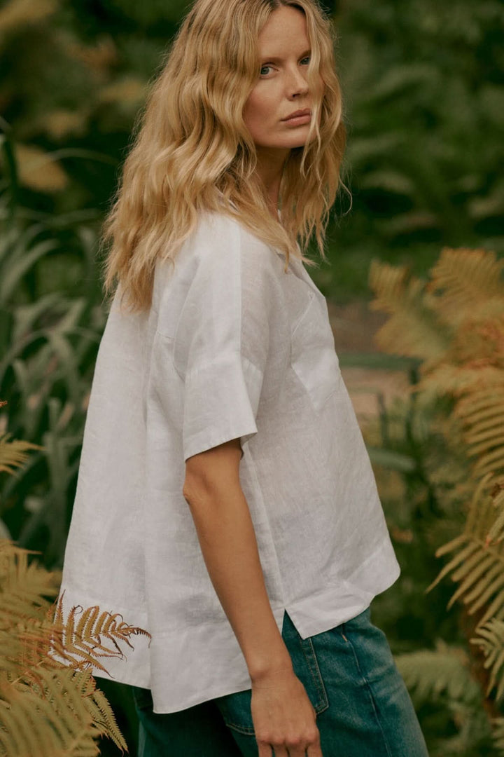 Embroidered bat-print linen blouse