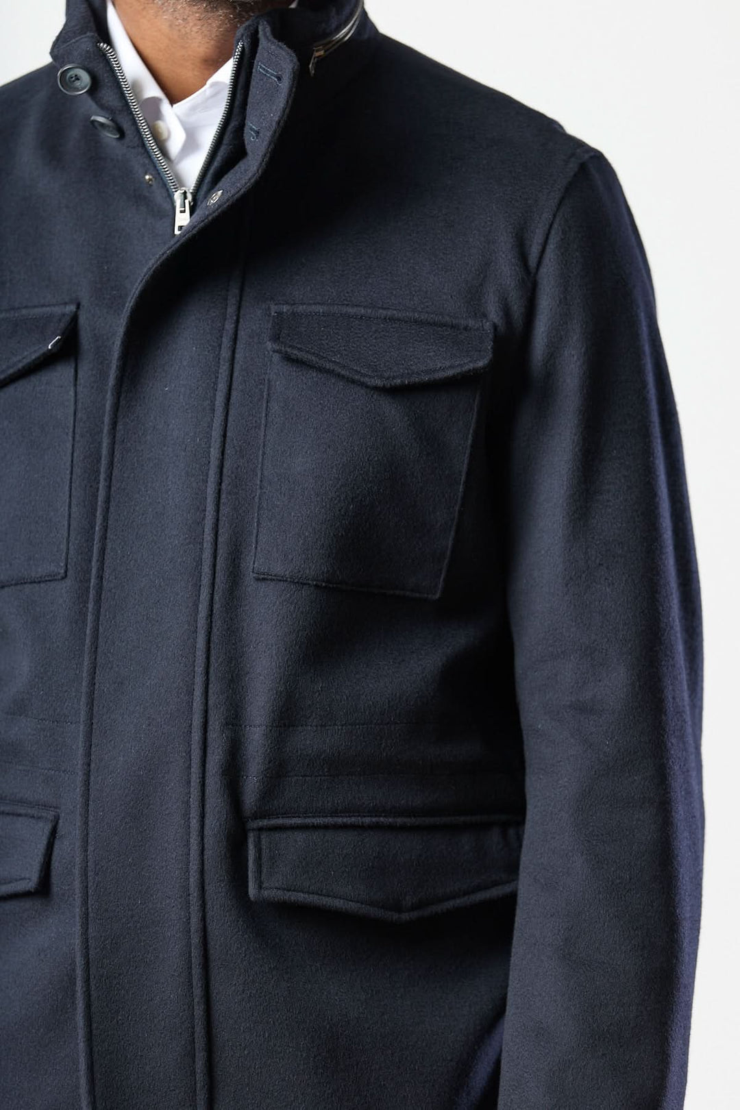 Wool jacket with four pockets, stowable hood