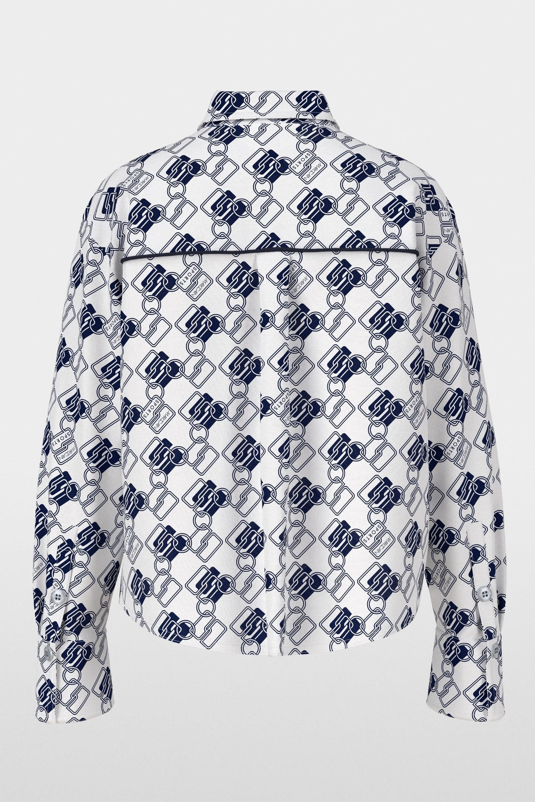 Chemise imprimée à motif chaînes en bleu et blanc, vue arrière, avec coupe droite et tissu fluide.
