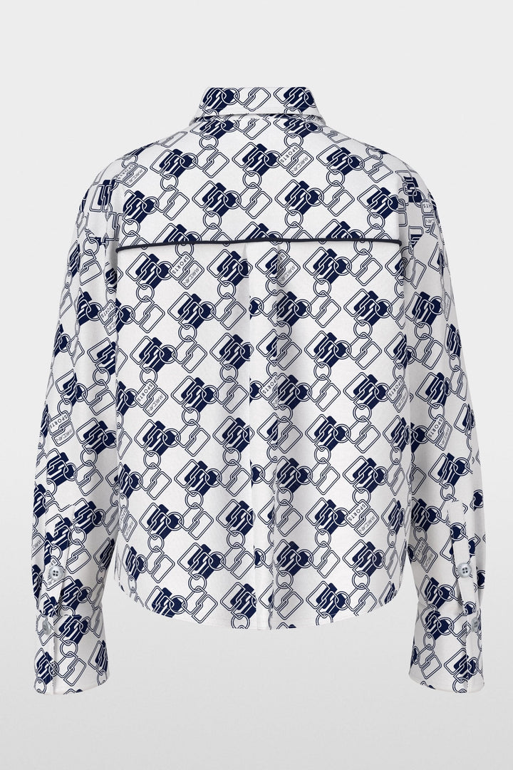 Chemise imprimée à motif chaînes en bleu et blanc, vue arrière, avec coupe droite et tissu fluide.